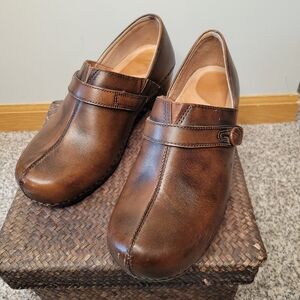 Dansko Brown Leather Women's Clogs with Strap Button